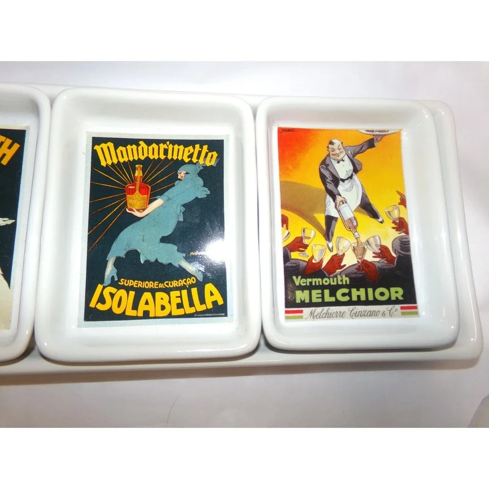 Pottery Barn Vintage Poster Appetizer Set‎ 4 Dishes & Tray Martini Florio White